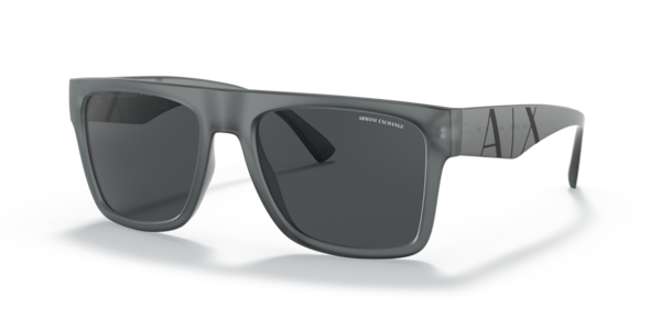 Óculos de sol Armani Exchange AX4113S, formato retangular, armação em acetato cinza translúcido, lente cinza escura