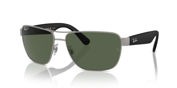Óculos de sol Ray-Ban RB3745L, formato redondo, armação em metal chumbo escovado, lente verde