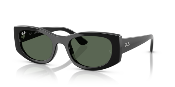 Óculos de sol Ray-Ban Bio-based RB4446L, formato redondo, armação em acetato preto, lente verde g-15