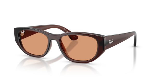 Óculos de sol Ray-Ban Bio-based RB4476L, formato quadrado, armação em injetado marrom translúcido com laranja, lente marrom