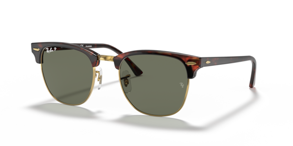 Óculos de sol Ray-Ban Clubmaster Classic RB3016, formato quadrado, armação em acetato e metal tartaruga sobre dourado, lente verde g-15 polarizada