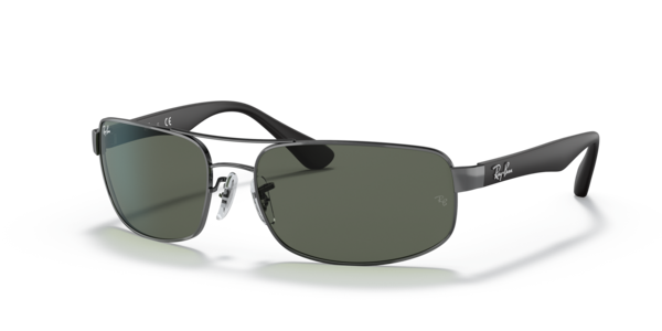 Óculos de sol Ray-Ban RB3445, formato retangular, armação em metal grafite polido, lente verde g-15