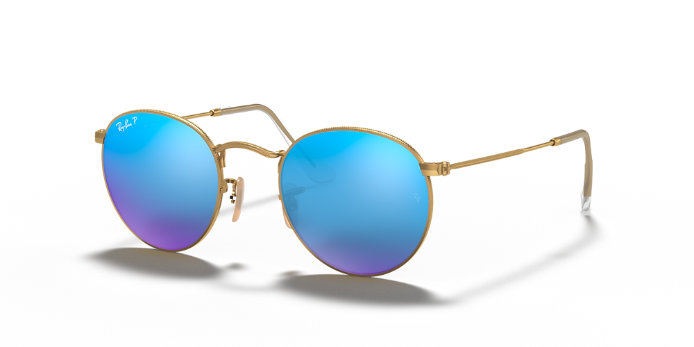 Ray-Ban RB3447 Round Flash Lenses 50 Blue & Gold Polarized Sunglasses |  Sunglass Hut USA