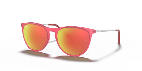 Óculos de sol Ray-Ban Junior Erika Kids RJ9060S, formato oval, armação em nylon injetado fúcsia fosco, lente marrom com reflexo laranja