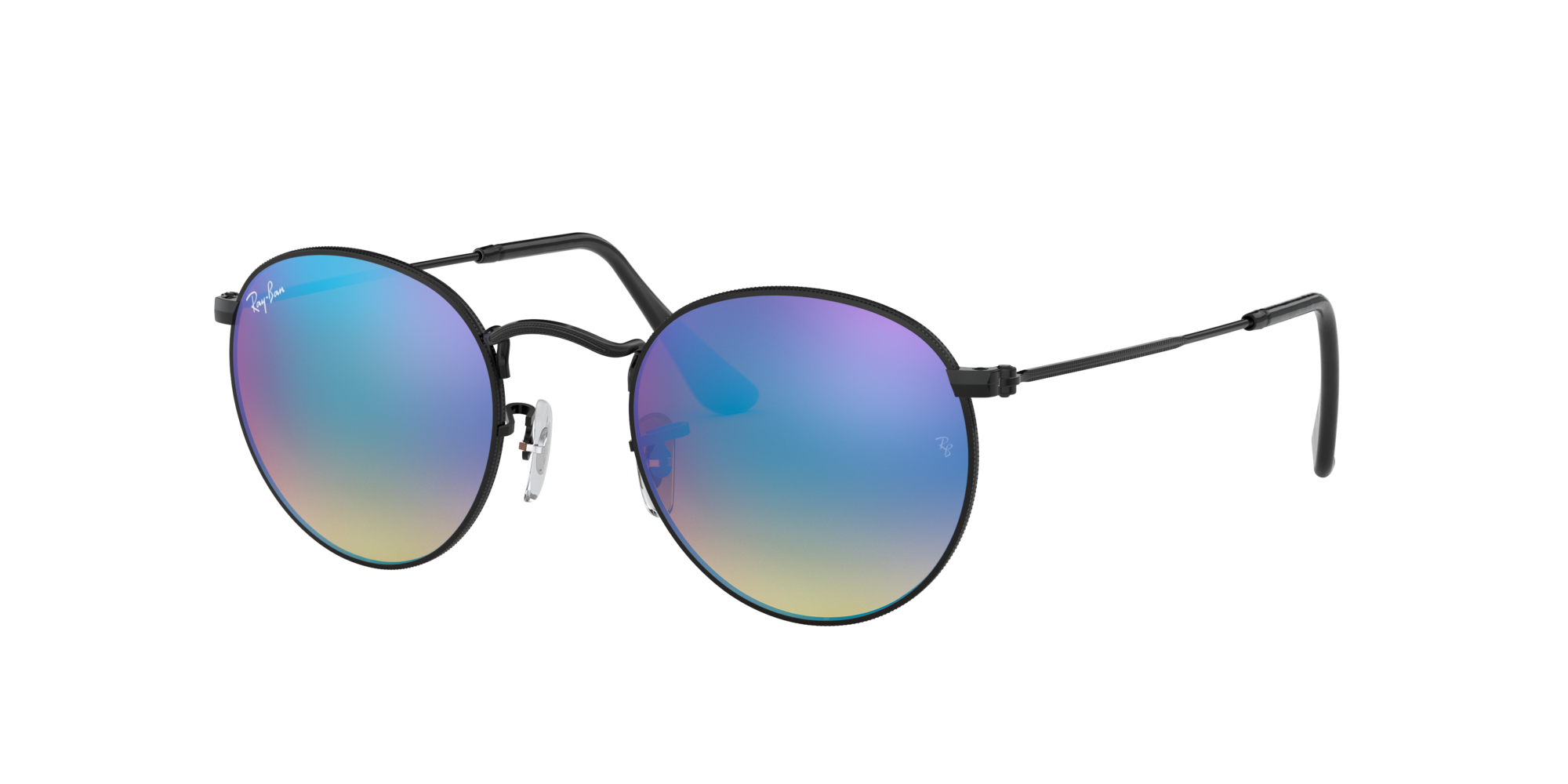 black ray bans with blue lenses