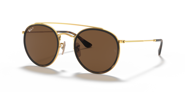 Óculos de sol Ray-Ban Round Double Bridge RB3647N, formato redondo, armação em metal dourado, lente marrom polarizada