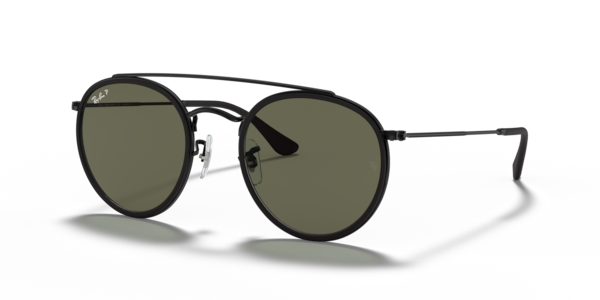 Óculos de sol Ray-Ban Round Double Bridge RB3647N, formato redondo, armação em metal preto, lente verde g-15 polarizada