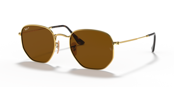 Óculos de sol Ray-Ban Hexagonal Flat Lenses, formato hexagonal, armação em metal dourado-arista, lente marrom polarizado