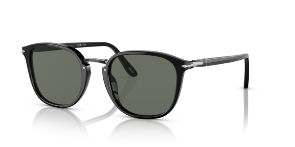 Óculos de sol Persol PO3186S, formato retangular, armação em acetato preto, lente verde polarizada