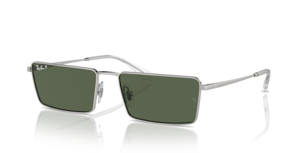 Óculos de sol Ray-Ban Emy Bio-based RB3741, formato oval, armação em metal prata, lente verde-escuro polarizada