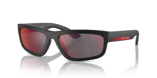 Óculos de sol Prada Linea Rossa PS05ZS, formato máscara, armação em nylon preto, lente vermelha