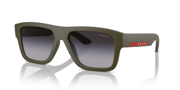 Óculos de sol Prada Linea Rossa PS04ZS, formato retangular, armação em nylon verde militar, lente cinza degradê