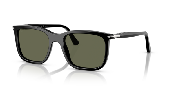 Óculos de sol Persol Renzo PO3357S, formato retangular, armação em acetato preto, lente verde polarizada