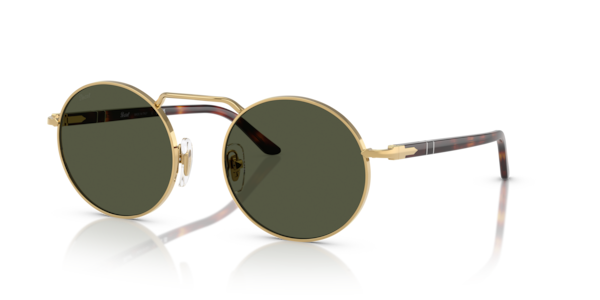 Óculos de sol Persol PO1019S, formato redondo, armação em metal dourado, lente verde