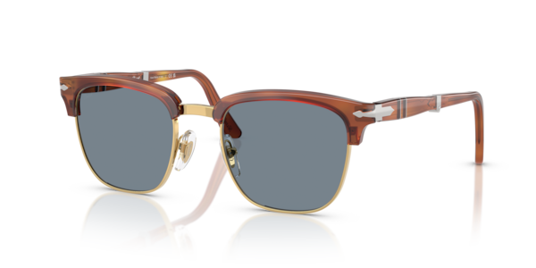 Óculos de sol Persol PO3375S, formato oval, armação em acetato terracota, lente azul claro cristal