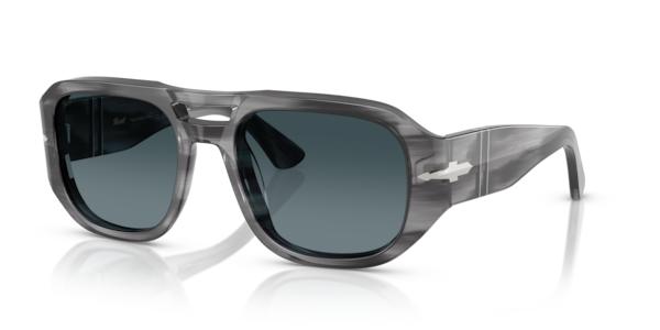 Óculos de sol Persol Vincent, formato oval, armação em acetato cinza, lente azul