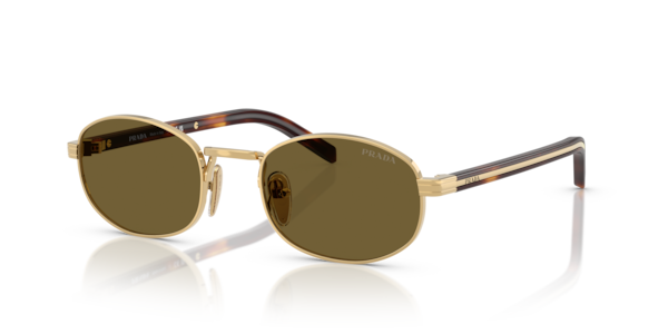 Óculos de sol Prada PRB53S, formato oval, armação em metal dourado, lente marrom