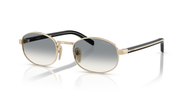 Óculos de sol Prada PRB53S, formato oval, armação em metal dourado, lente cinza
