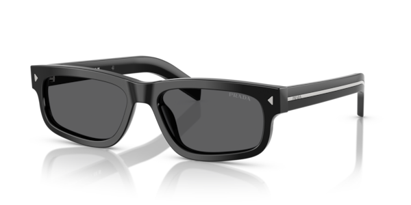 Óculos de sol Prada PRB11S, formato retangular, armação em acetato preto, lente cinza