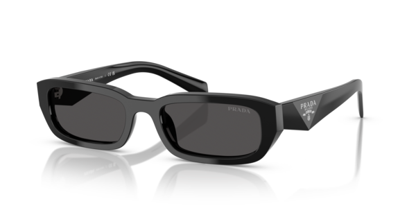 Óculos de sol Prada Symbole PRB06S, formato retangular, armação em acetato preto, lente cinza ardósia