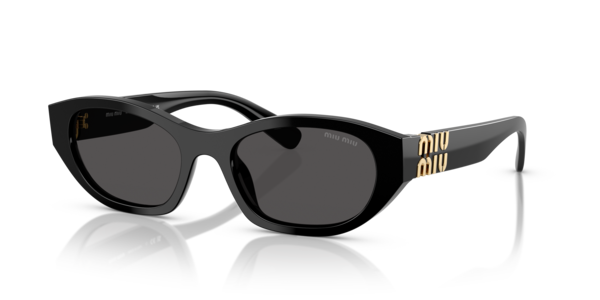 Óculos de sol Miu Miu MUA03S, formato cat-eye, armação em acetato preto, lente cinza escura