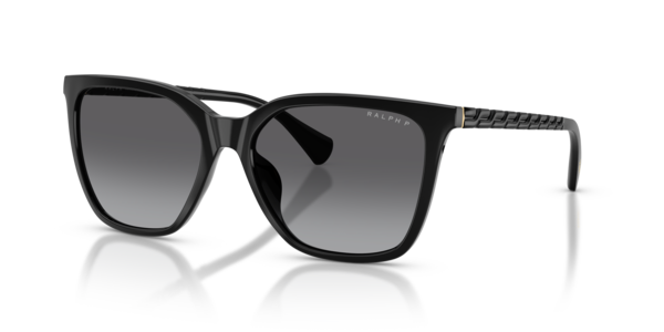 Óculos de sol Ralph RA5328U, formato quadrado, armação em injetado preto, lente cinza degradê polarizada