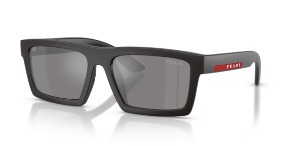 Óculos de sol Prada Linea Rossa PSA07S, formato retangular, armação em nylon cinza, lente prata