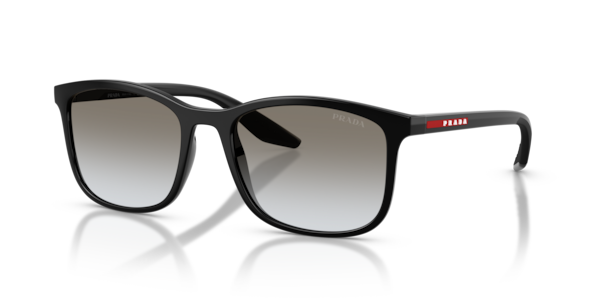 Óculos de sol Prada Linea Rossa PSA08S, formato retangular, armação em nylon preto, lente cinza degradê