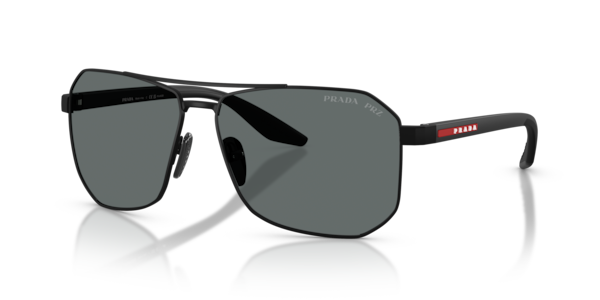 Óculos de sol Prada Linea Rossa PSA53S, formato piloto, armação em metal preto, lente verde escura
