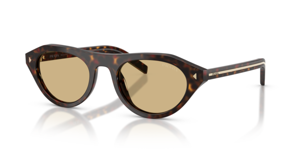 Óculos de sol Prada Placa Metálica Icônica PRB15S, formato oval, armação em acetato havana, lente amarelo camomila