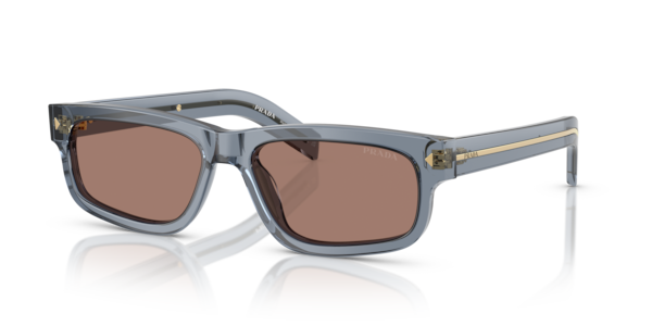 Óculos de sol Prada PRB11S, formato retangular, armação em acetato azul transparente, lente marrom