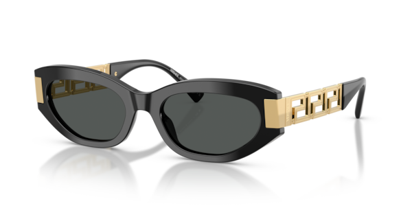 Óculos de sol Versace Greca Cat-Eye VE4501, formato cat-eye, armação em acetato preto, lente cinza escura