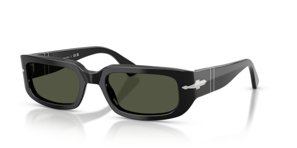 Óculos de sol Persol Mel PO3385S, formato retangular, armação em acetato preto, lente verde cristal