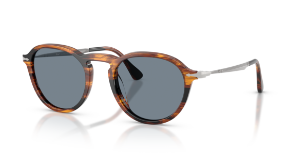 Óculos de sol Persol PO3383S, formato oval, armação em acetato/metal listrado preto e marrom, lente azul claro cristal