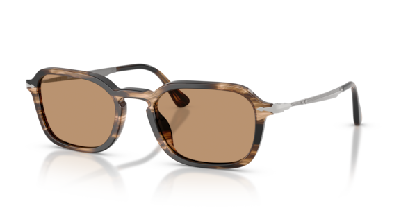 Óculos de sol Persol PO3381S, formato oval, armação em acetato/metal listrado preto e marrom, lente marrom cristal