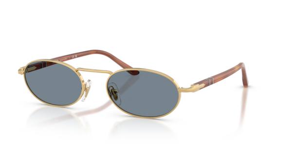 Óculos de sol Persol PO1023S, formato retangular, armação em metal dourado, lente azul