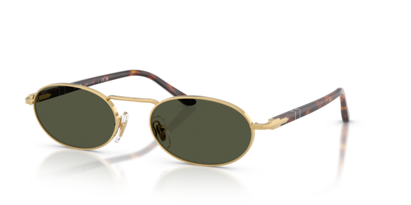 Óculos de sol Persol PO1023S, formato retangular, armação em metal dourado, lente verde