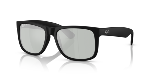 Óculos de sol Ray-Ban Justin Classic, formato quadrado, armação em nylon preto emborrachado, lente verde espelhado prata polarizado