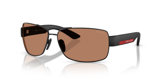 Óculos de sol Prada Linea Rossa PSB52S, formato irregular, armação em metal preto fosco, lente marrom