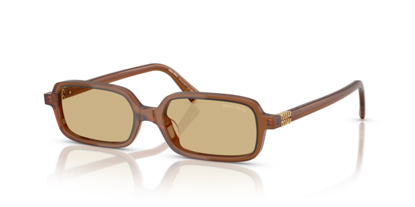 Óculos de sol Miu Miu Miu Regard, formato retangular, armação em acetato marrom, lente amarelo
