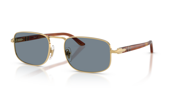 Óculos de sol Persol PO1027S, formato oval, armação em metal dourado, lente azul claro cristal
