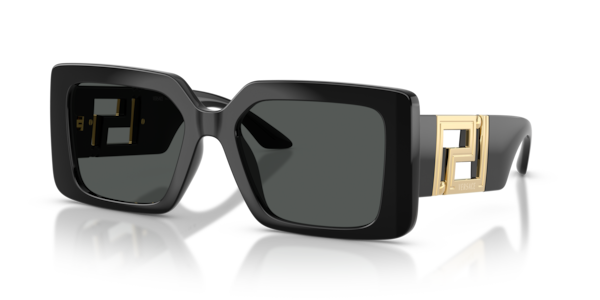 Óculos de sol Versace VE4505U, formato retangular, armação em acetato preto, lente cinza escura