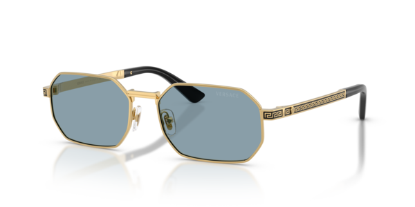 Óculos de sol Versace Greca Flow VE2297, formato retangular, armação em metal preto, lente cinza sólida
