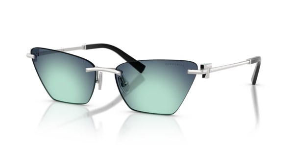 Óculos de sol Tiffany & Co. TF3120, formato cat-eye, armação em metal prateado, lente azul