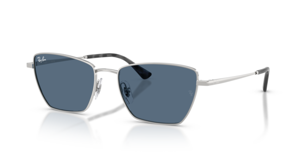 Óculos de sol Ray-Ban Drea Bio-based, formato cat-eye, armação em metal prata, lente azul-escuro