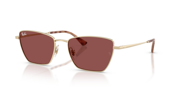 Óculos de sol Ray-Ban Drea Bio-based RB3783, formato cat-eye, armação em metal dourado pálido, lente violeta escuro