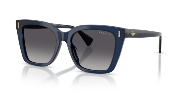 Óculos de sol Ralph RA5349U, formato quadrado, armação em acetato azul, lente cinza degradê polarizada