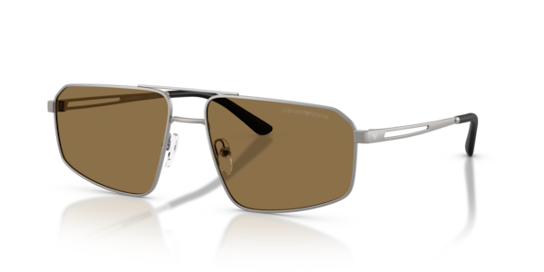 Óculos de sol Emporio Armani EA2173, formato aviador, armação em metal cinza, lente marrom