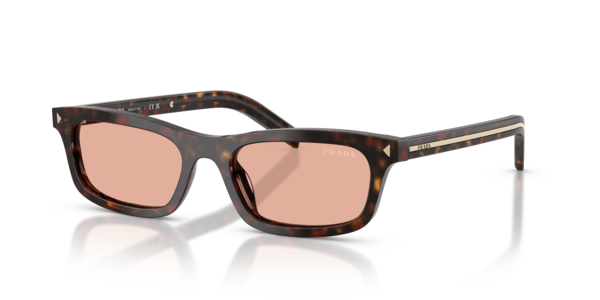 Óculos de sol Prada Placa Metálica Icônica PRD05S, formato quadrado, armação em acetato havana, lente cristal