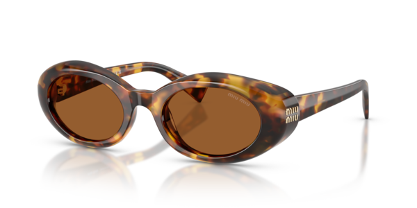 Óculos de sol Miu Miu Rêverie MUB09S, formato retangular, armação em acetato cristal caramelo, lente tamarindo
